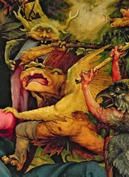 Dämonen bewaffnet mit Stöcken, Detail vom Rückseite des Isenheimer Altars